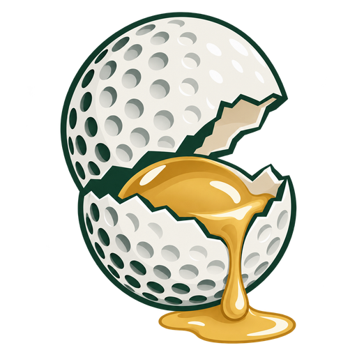 A cracked golf ball with a golden egg yolk spilling out.
